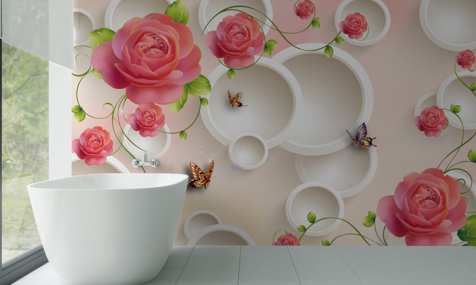 Papier peint fleurs de roses écarlates et cercles blancs