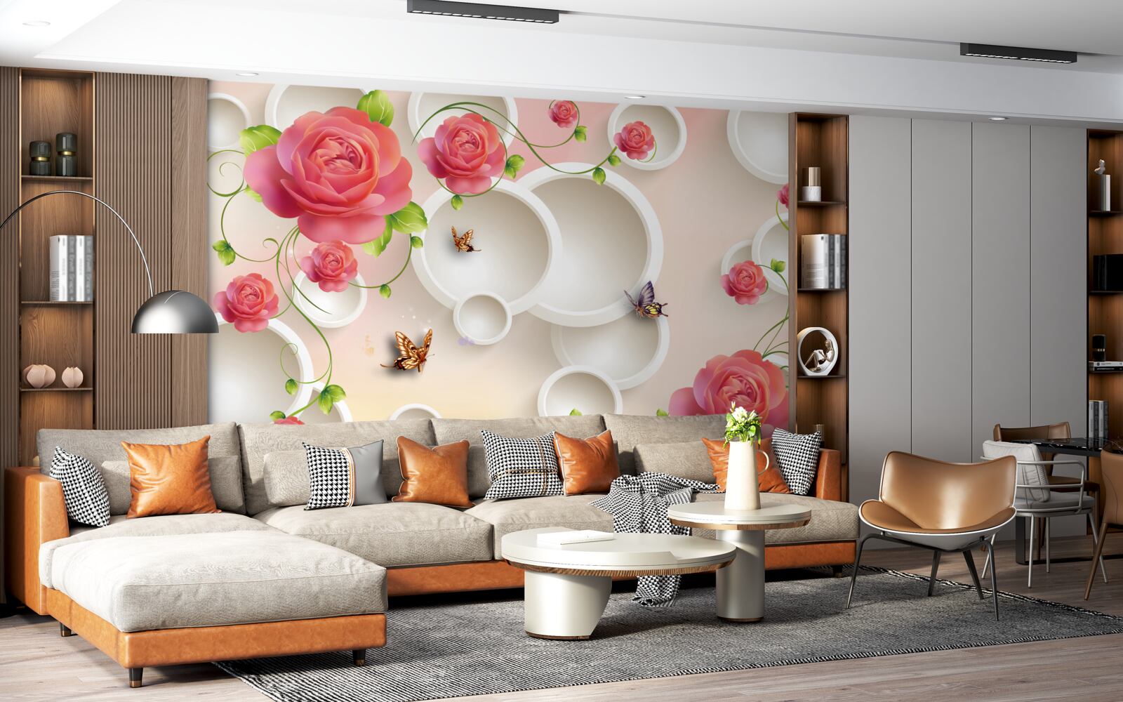 Papier peint fleurs de roses écarlates et cercles blancs