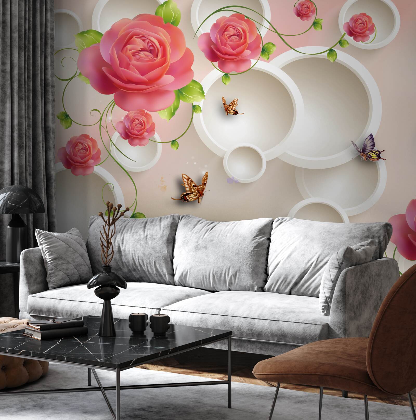 Papier peint fleurs de roses écarlates et cercles blancs