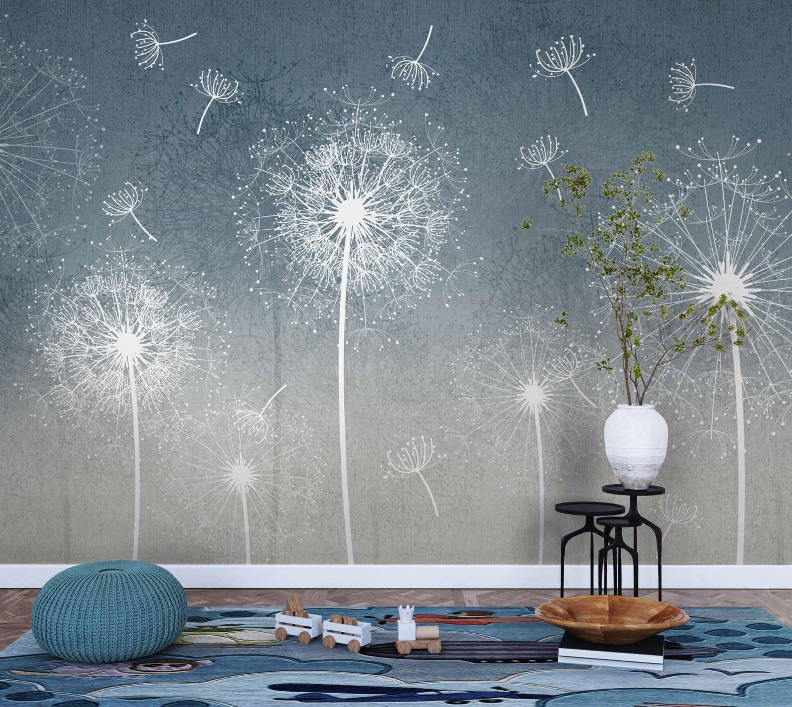 Papier peint vol léger et flottant de pissenlits au crépuscule