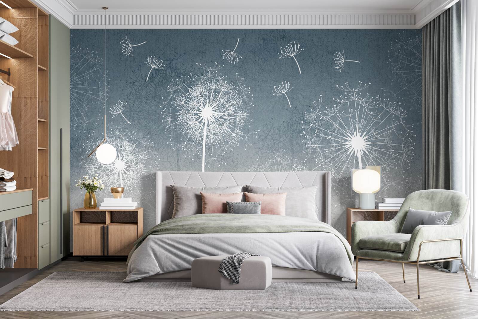 Papier peint vol léger et flottant de pissenlits au crépuscule