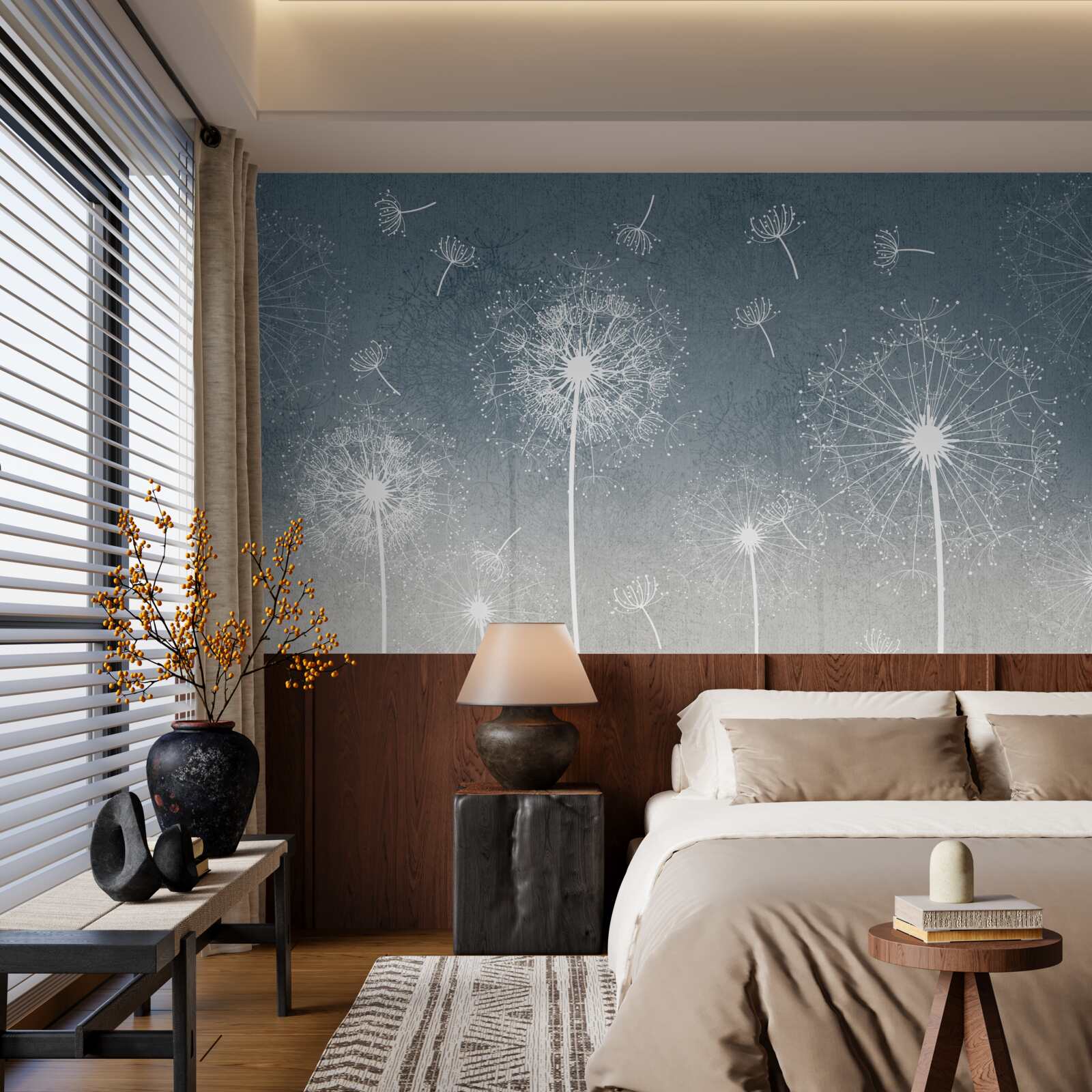 Papier peint vol léger et flottant de pissenlits au crépuscule