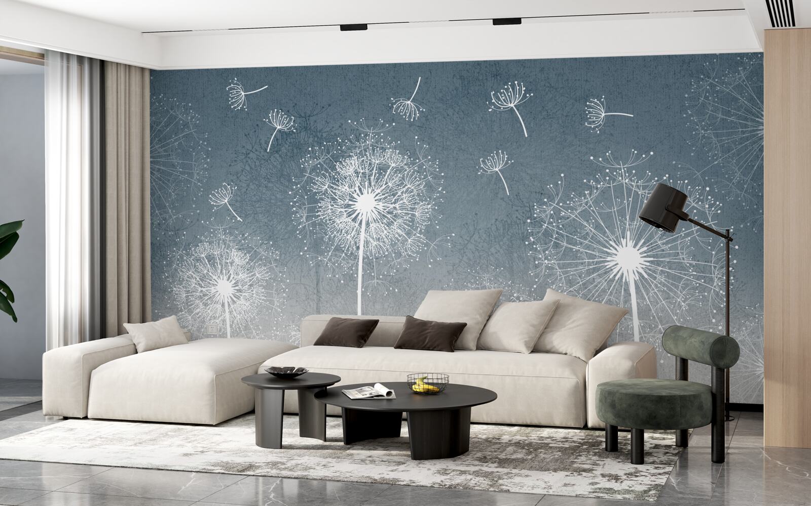 Papier peint vol léger et flottant de pissenlits au crépuscule