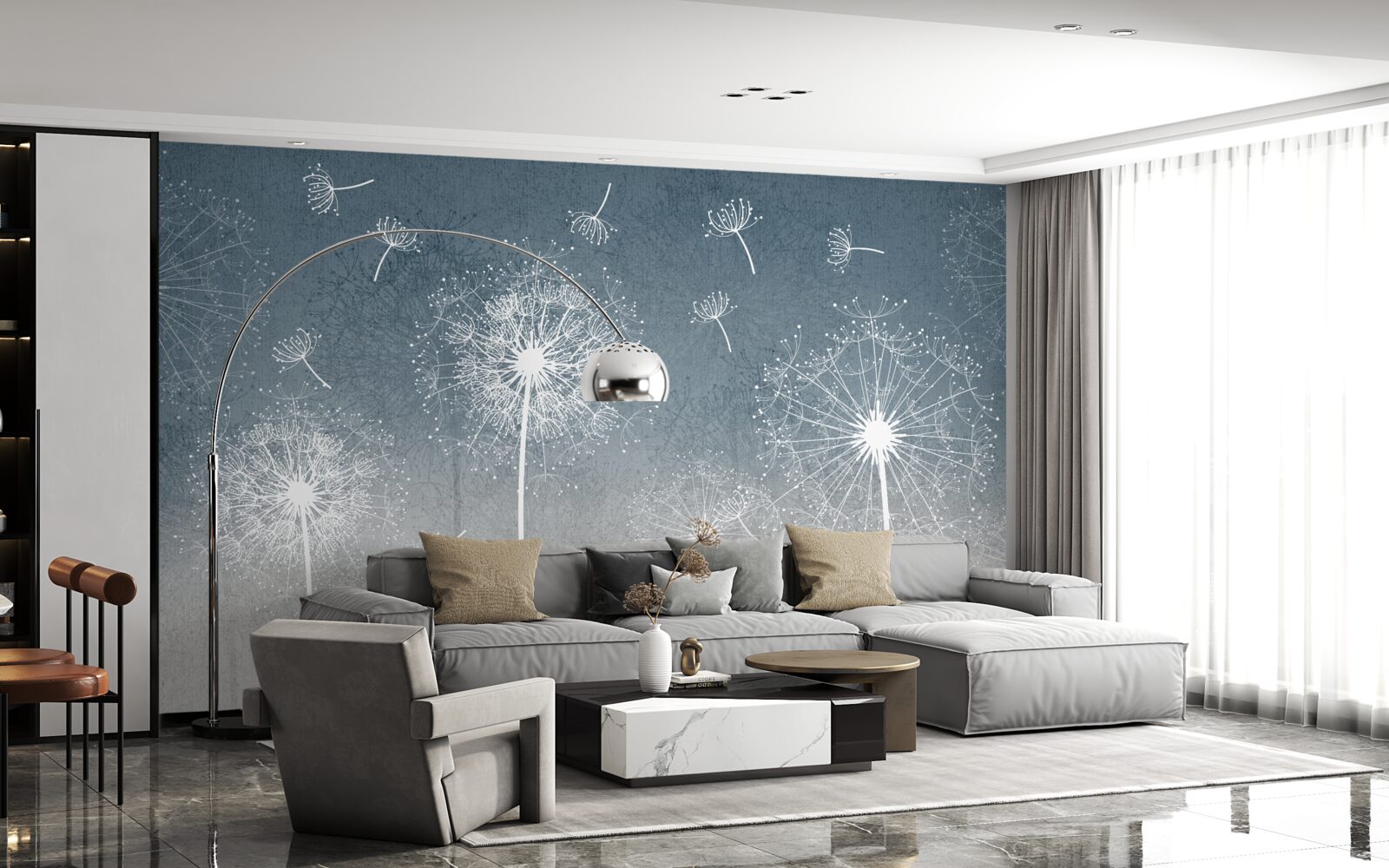 Papier peint vol léger et flottant de pissenlits au crépuscule