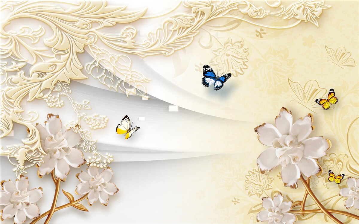 Papier peint les papillons volent au-dessus des branches avec des fleurs développées