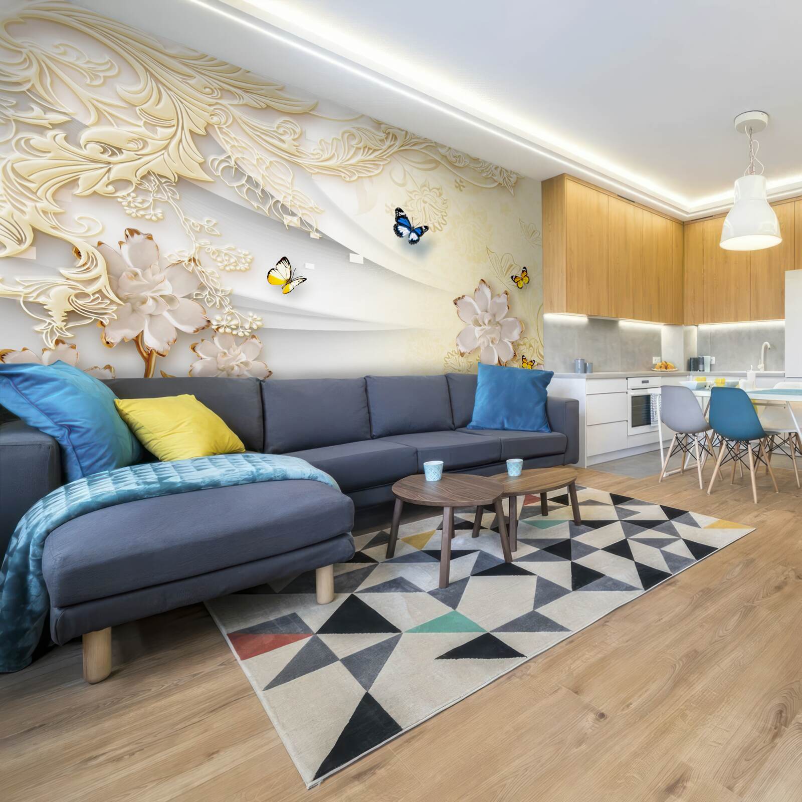 Papier peint les papillons volent au-dessus des branches avec des fleurs développées