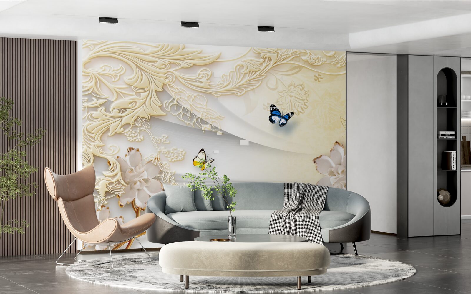 Papier peint les papillons volent au-dessus des branches avec des fleurs développées