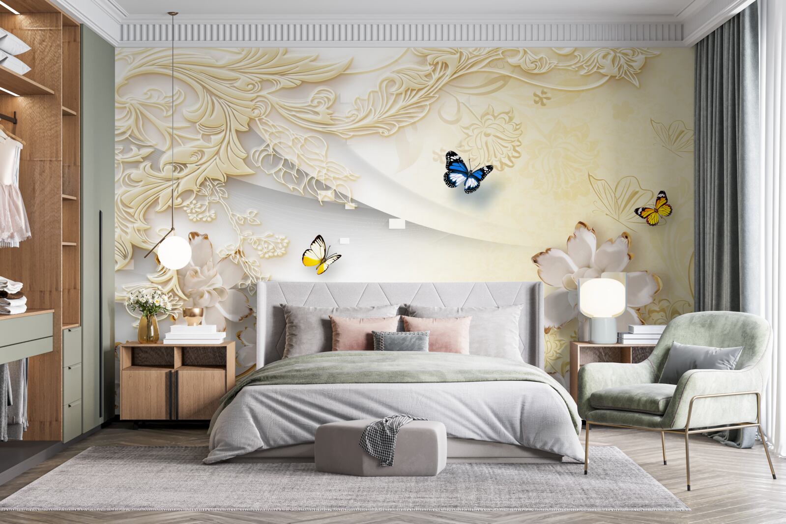 Papier peint les papillons volent au-dessus des branches avec des fleurs développées