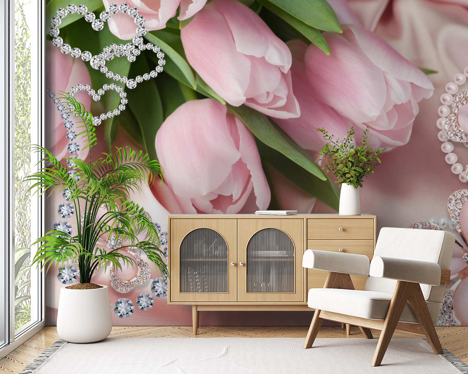 Papier peint tulipes en rose, décorées de perles sur fond de soie