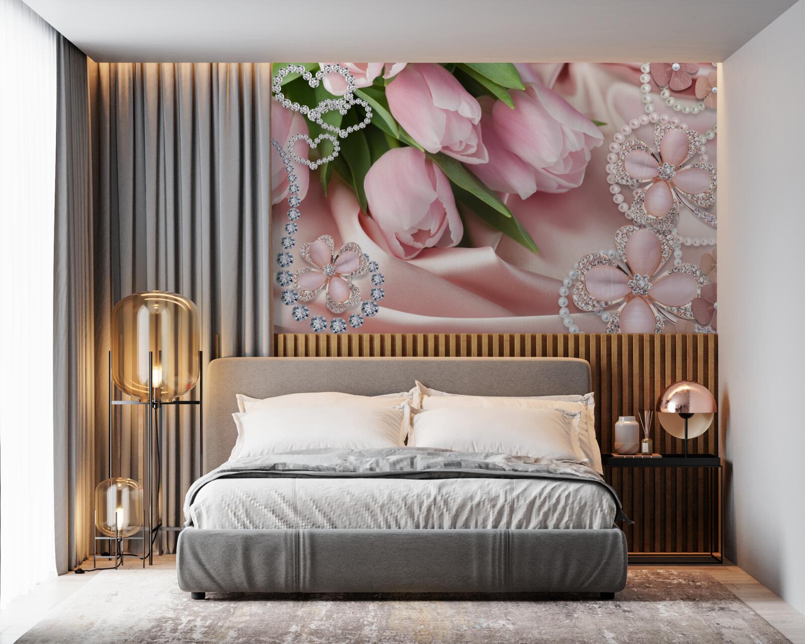 Papier peint tulipes en rose, décorées de perles sur fond de soie