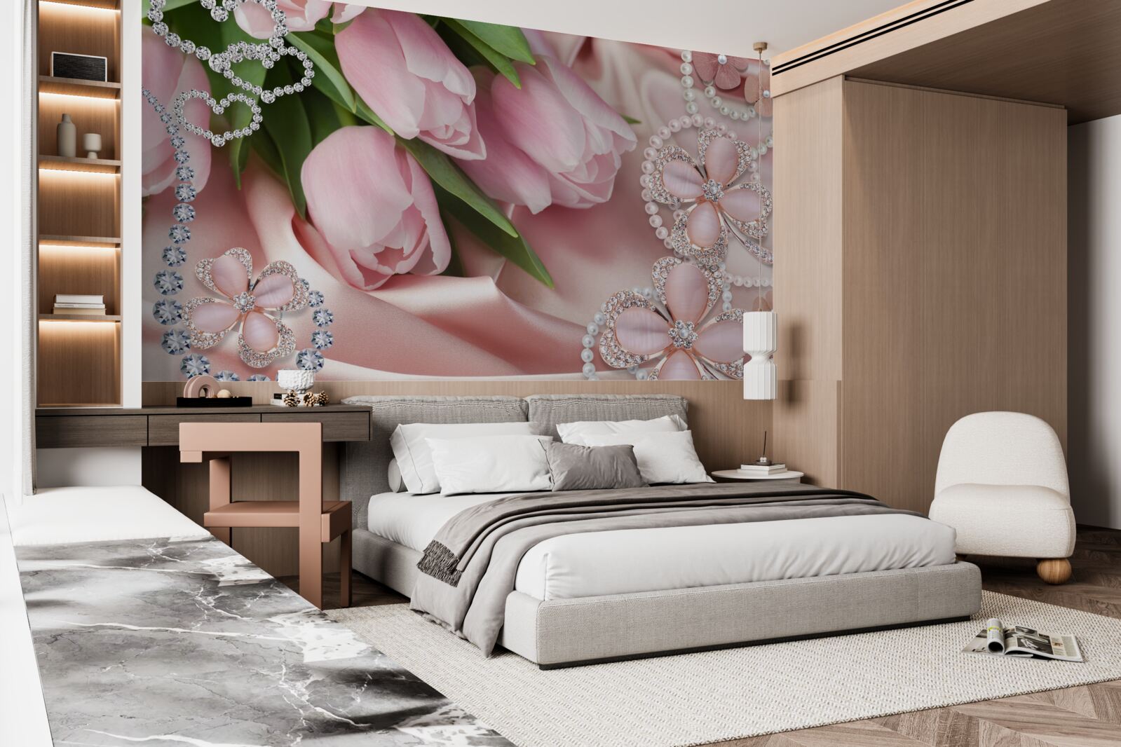 Papier peint tulipes en rose, décorées de perles sur fond de soie