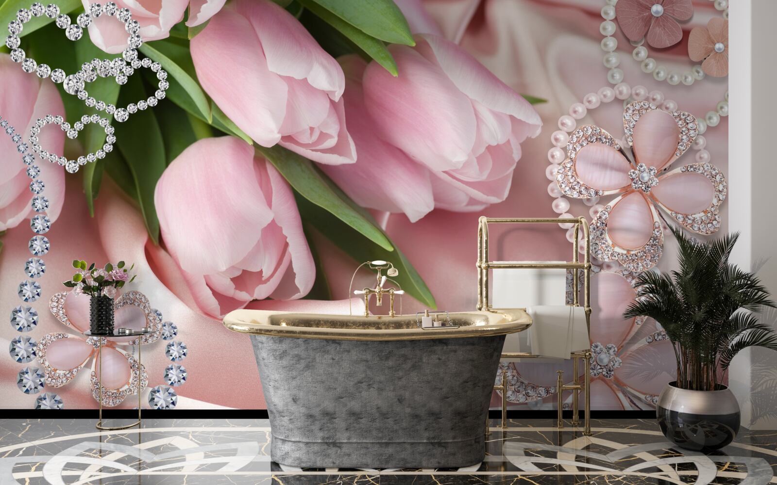 Papier peint tulipes en rose, décorées de perles sur fond de soie