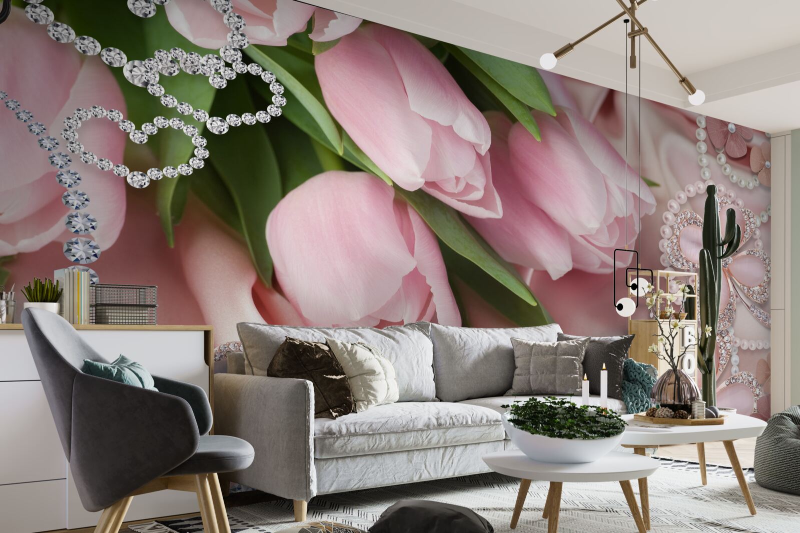 Papier peint tulipes en rose, décorées de perles sur fond de soie