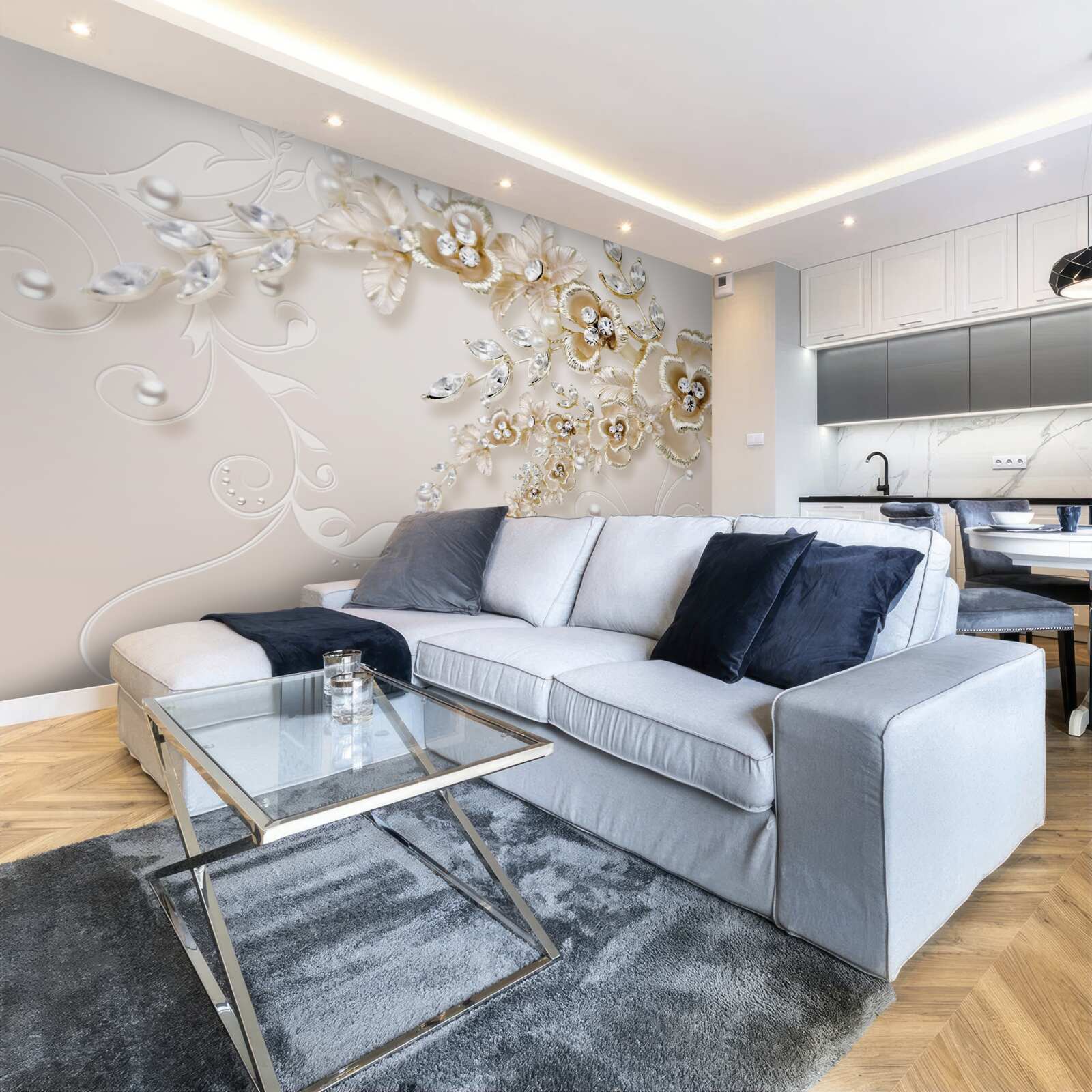 Papier peint branches fleuries d'or, serties de pierres