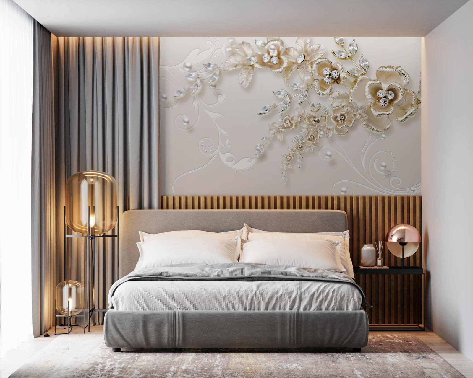 Papier peint branches fleuries d'or, serties de pierres