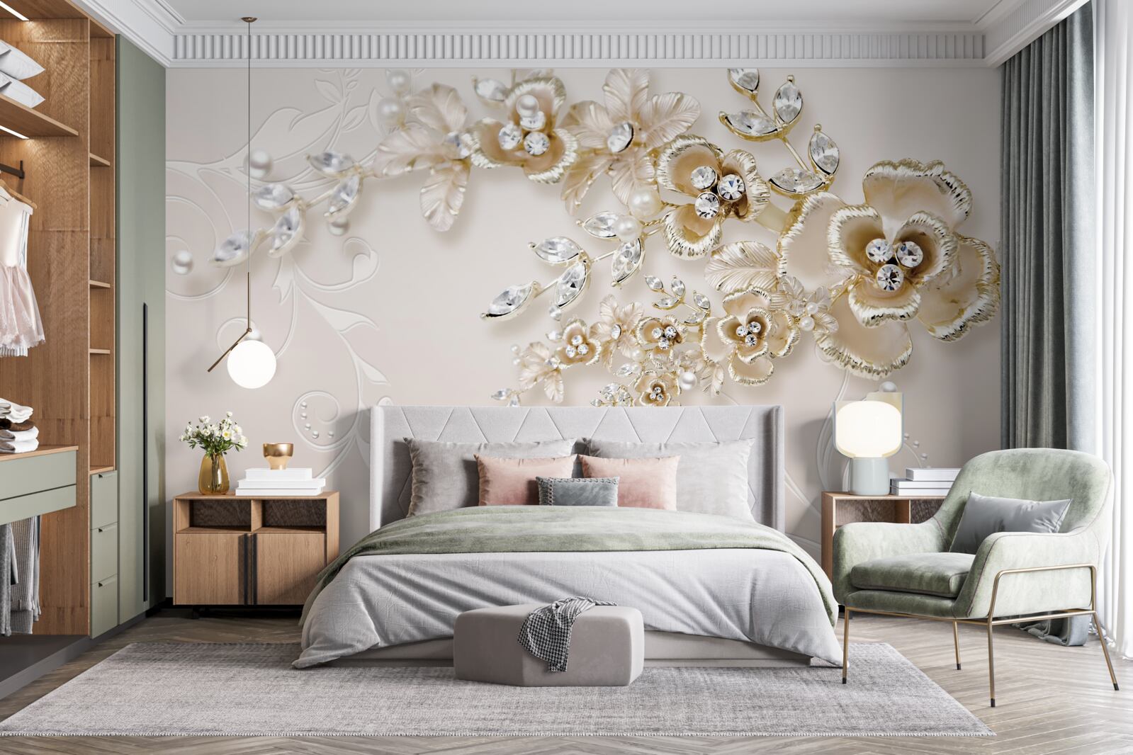 Papier peint branches fleuries d'or, serties de pierres