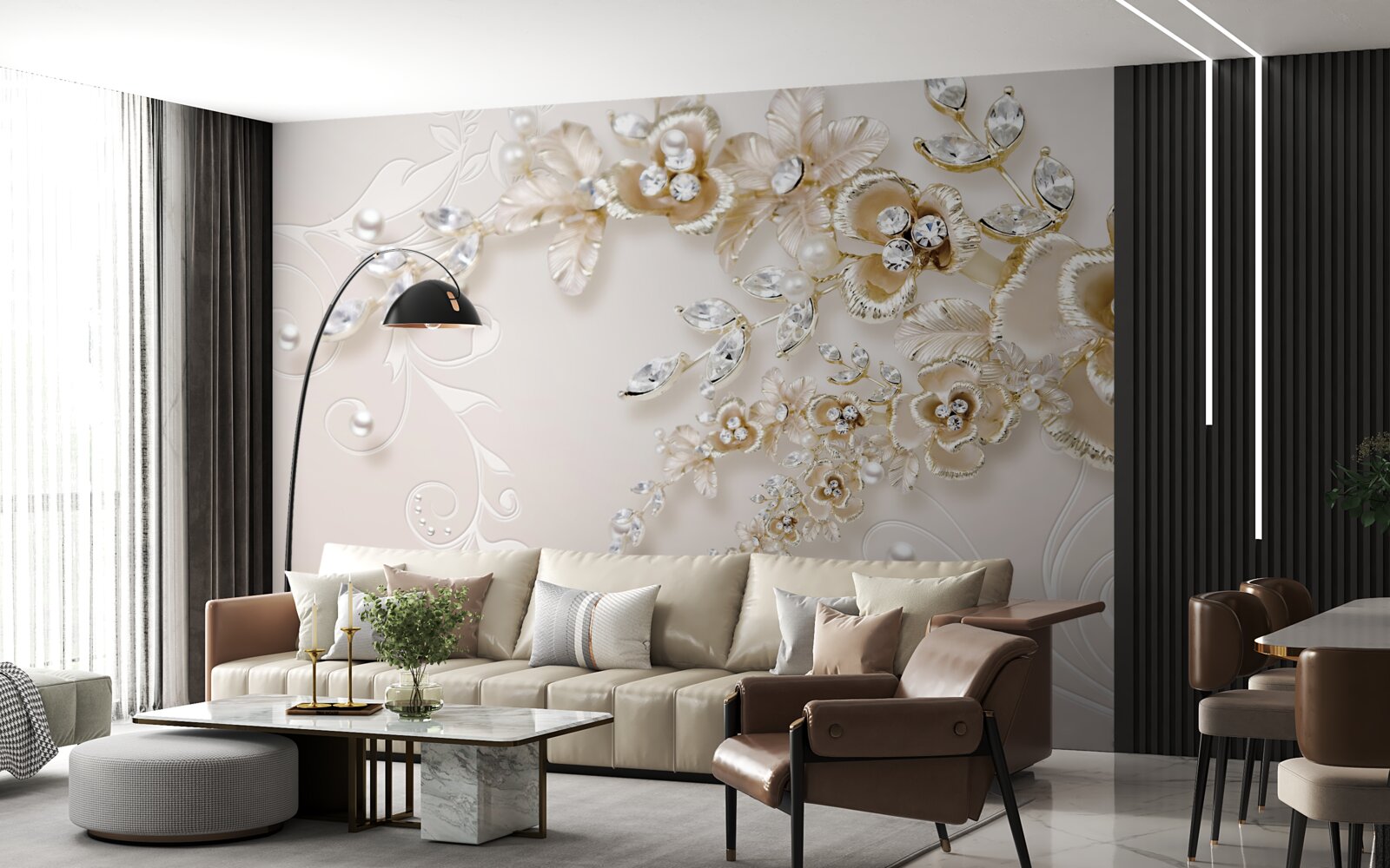 Papier peint branches fleuries d'or, serties de pierres