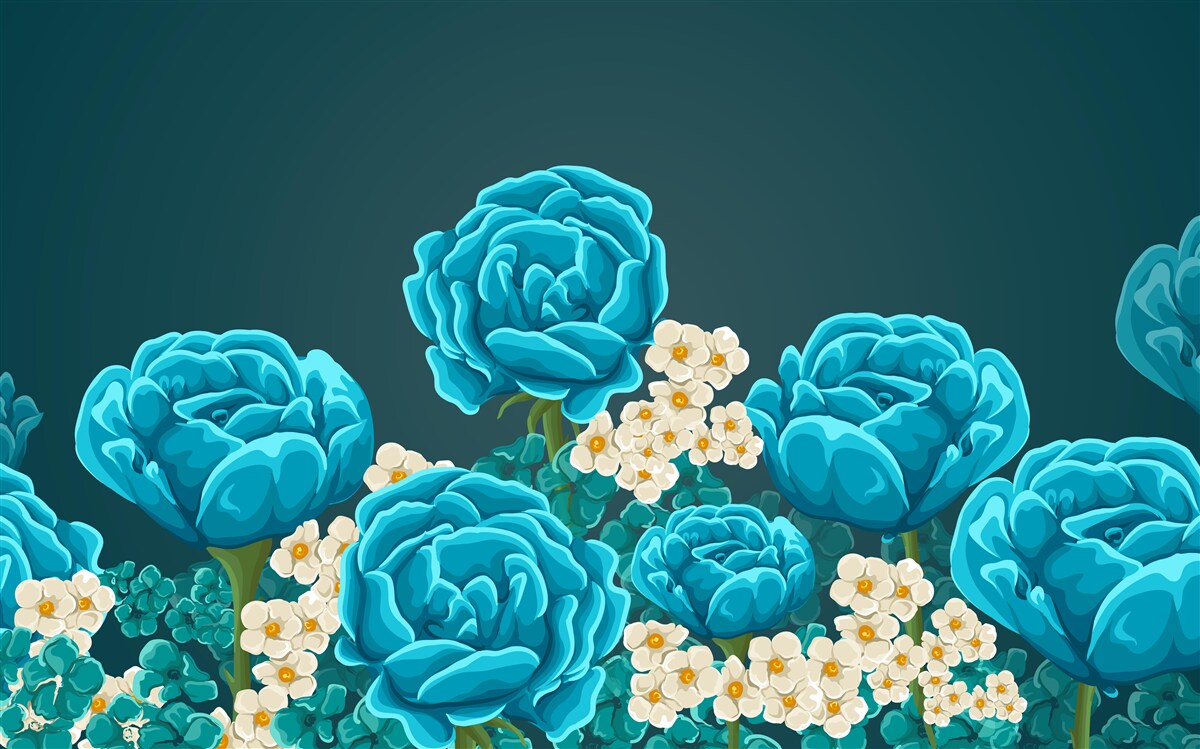 Papier peint les marguerites sont blanches comme neige et miniatures et les roses sont bleu clair