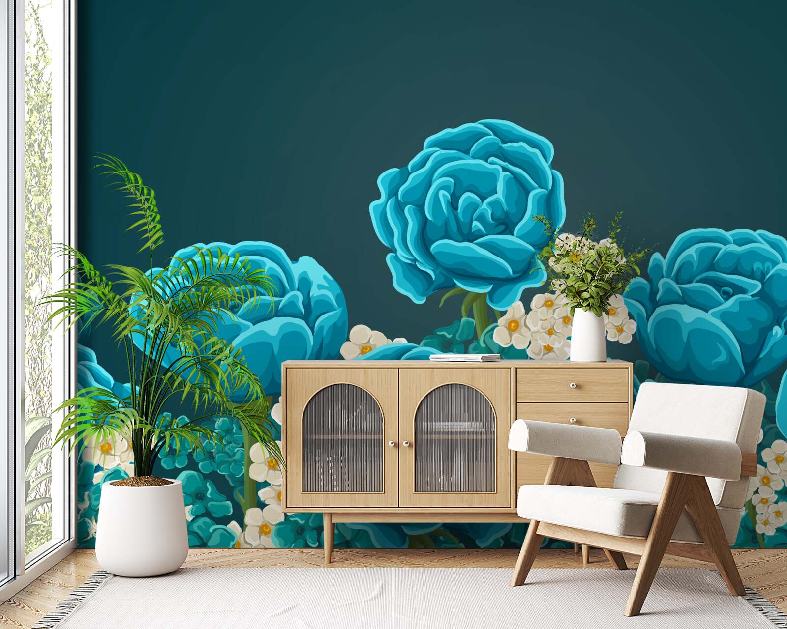 Papier peint les marguerites sont blanches comme neige et miniatures et les roses sont bleu clair