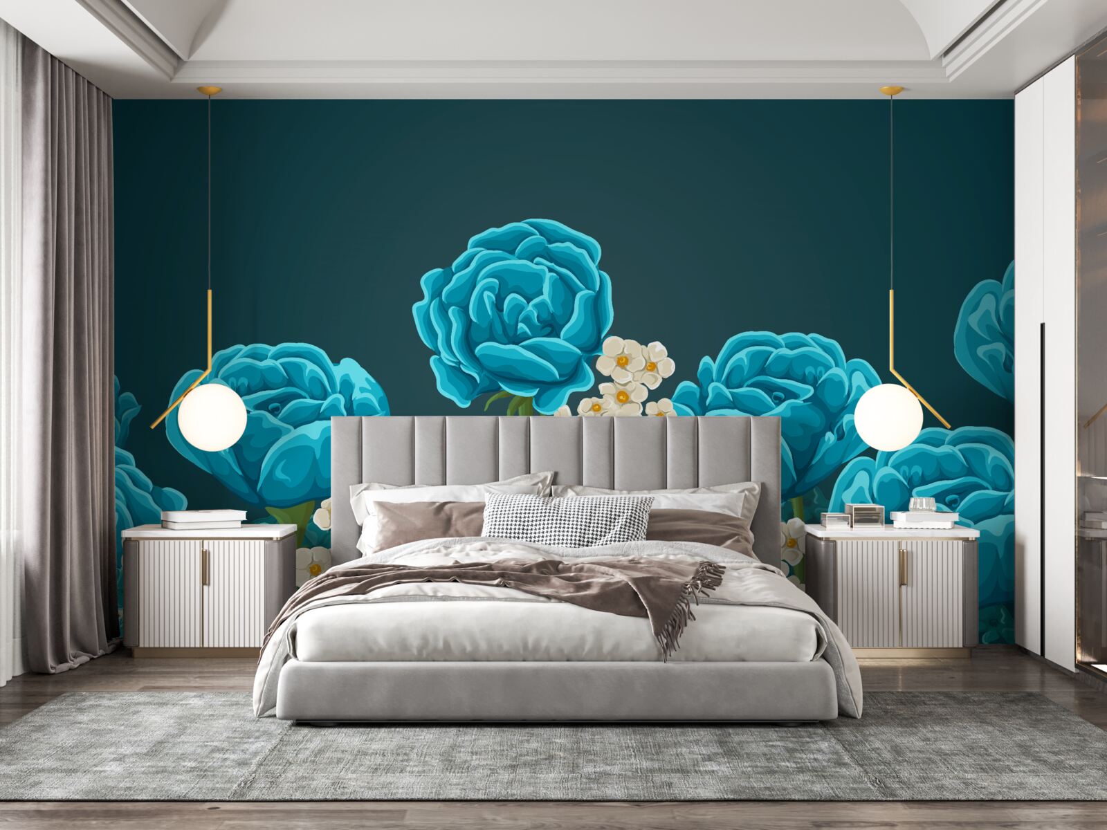 Papier peint les marguerites sont blanches comme neige et miniatures et les roses sont bleu clair