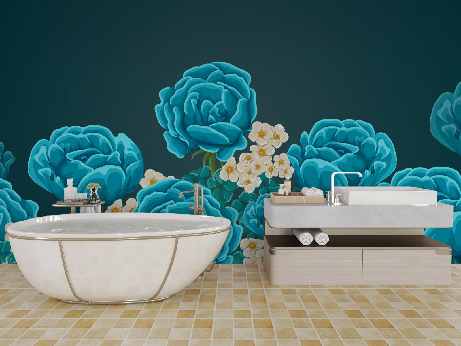 Papier peint les marguerites sont blanches comme neige et miniatures et les roses sont bleu clair