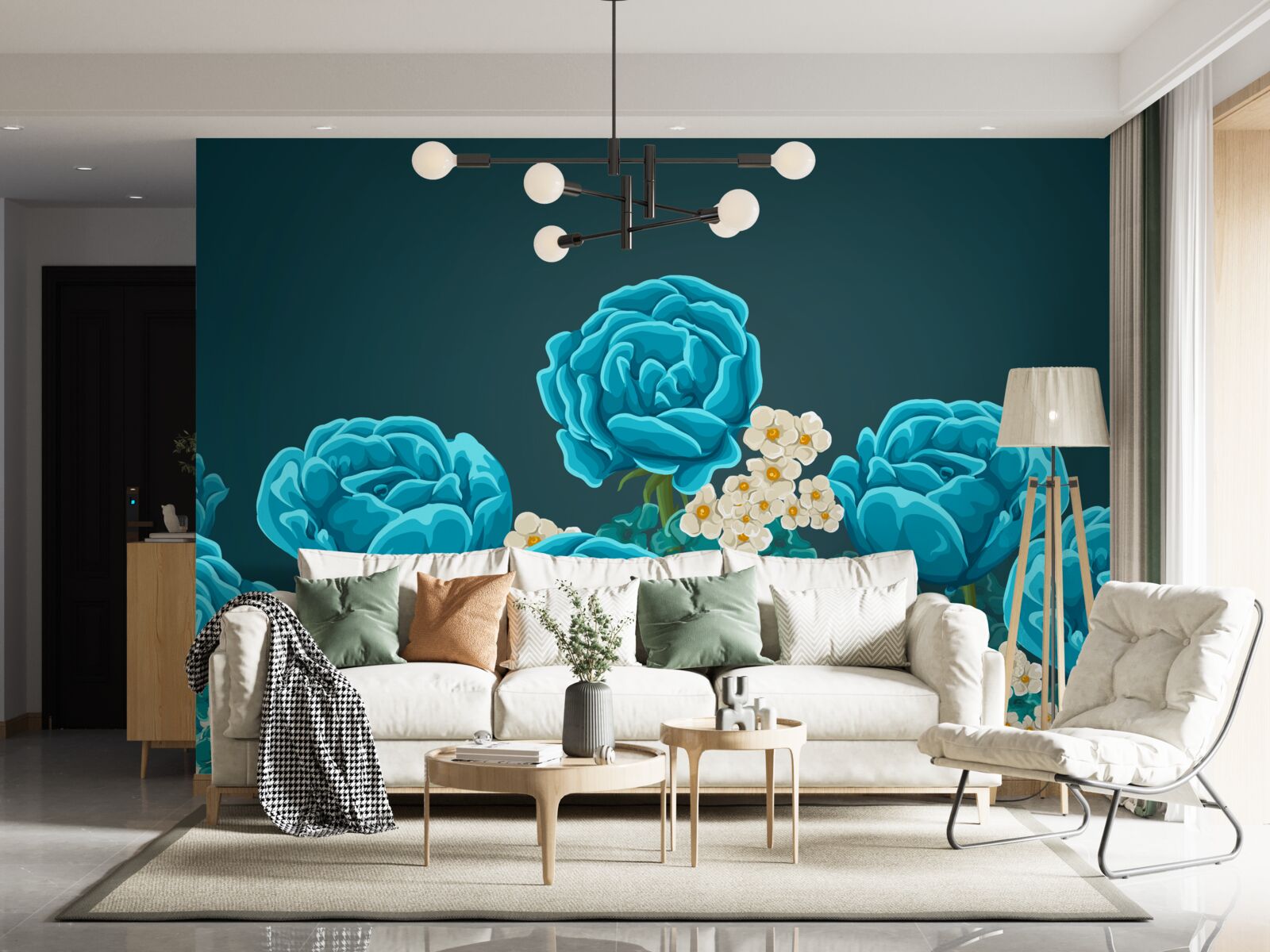 Papier peint les marguerites sont blanches comme neige et miniatures et les roses sont bleu clair