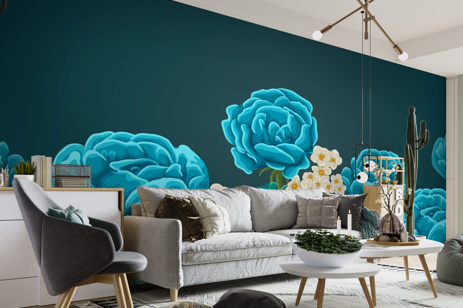 Papier peint les marguerites sont blanches comme neige et miniatures et les roses sont bleu clair