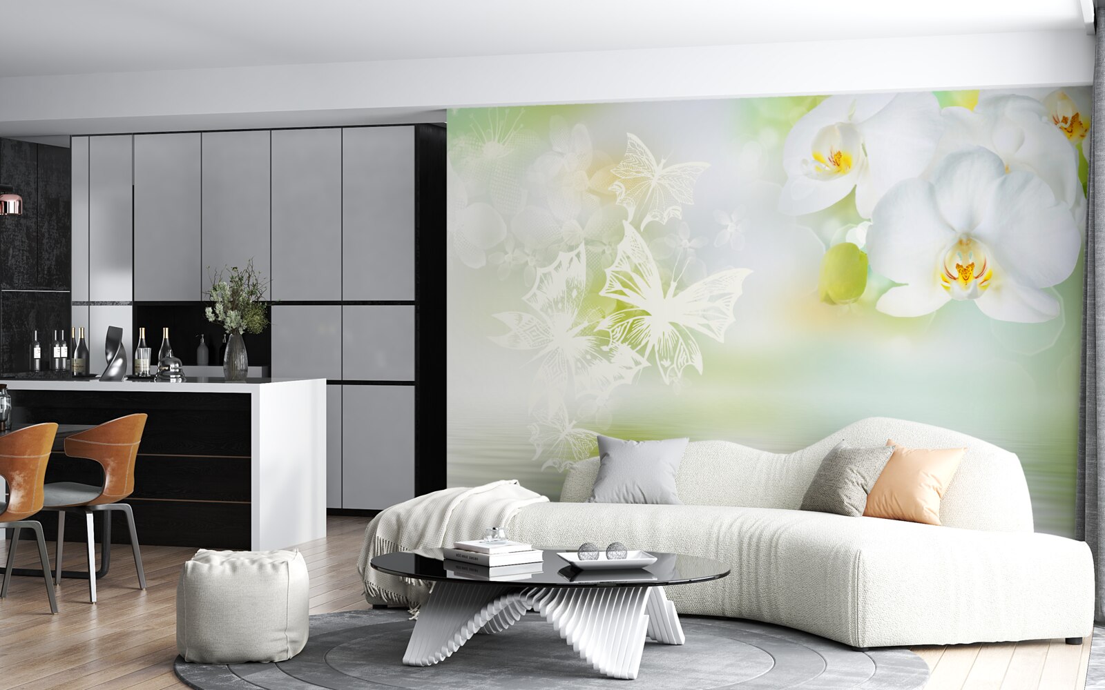 Papier peint Orchidées blanches comme neige se reflétant dans l'eau