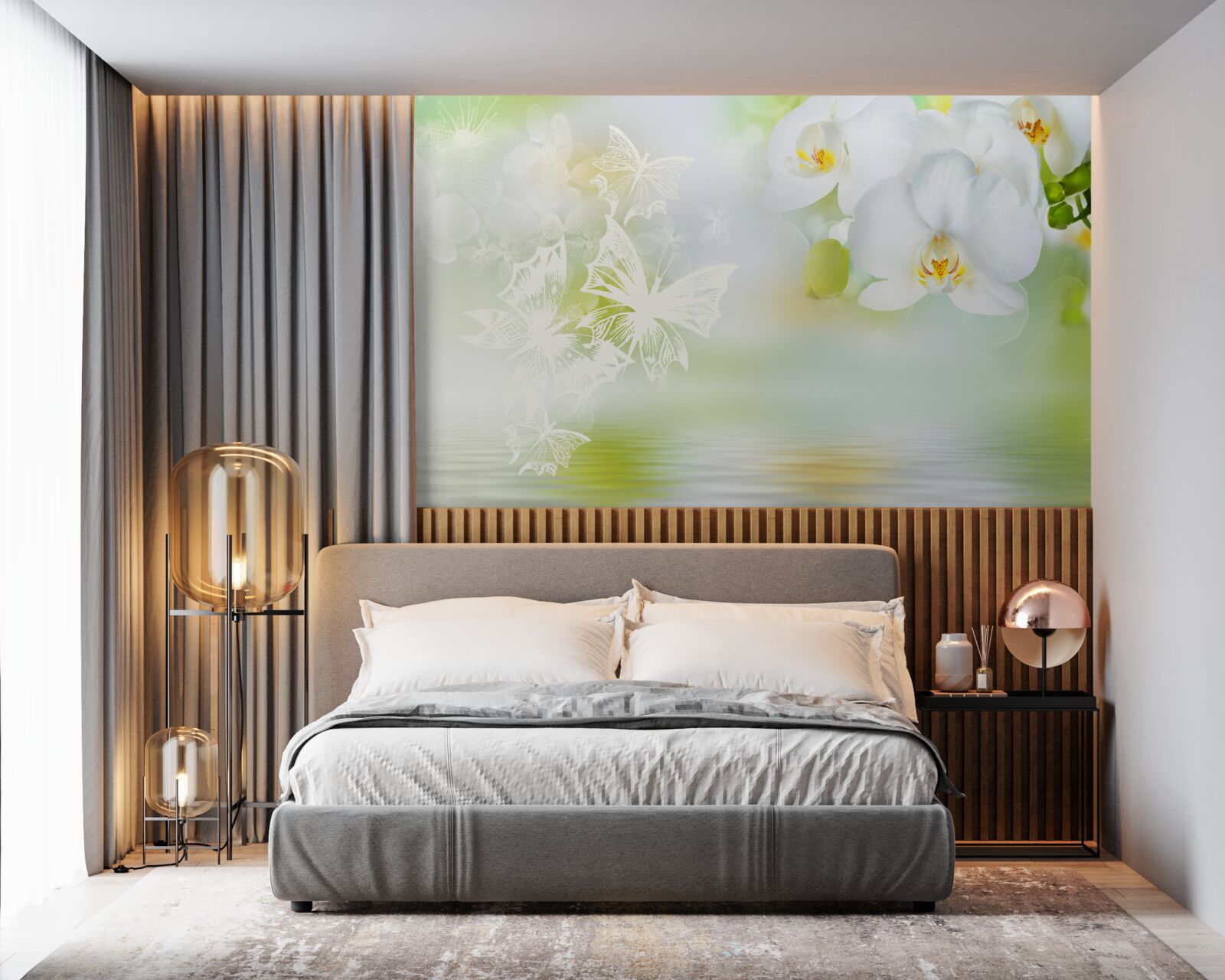 Papier peint Orchidées blanches comme neige se reflétant dans l'eau