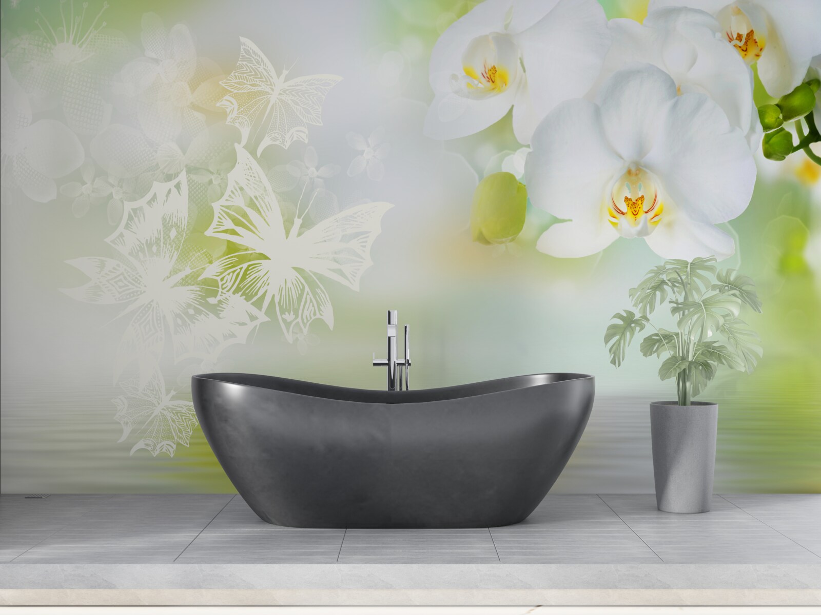 Papier peint Orchidées blanches comme neige se reflétant dans l'eau