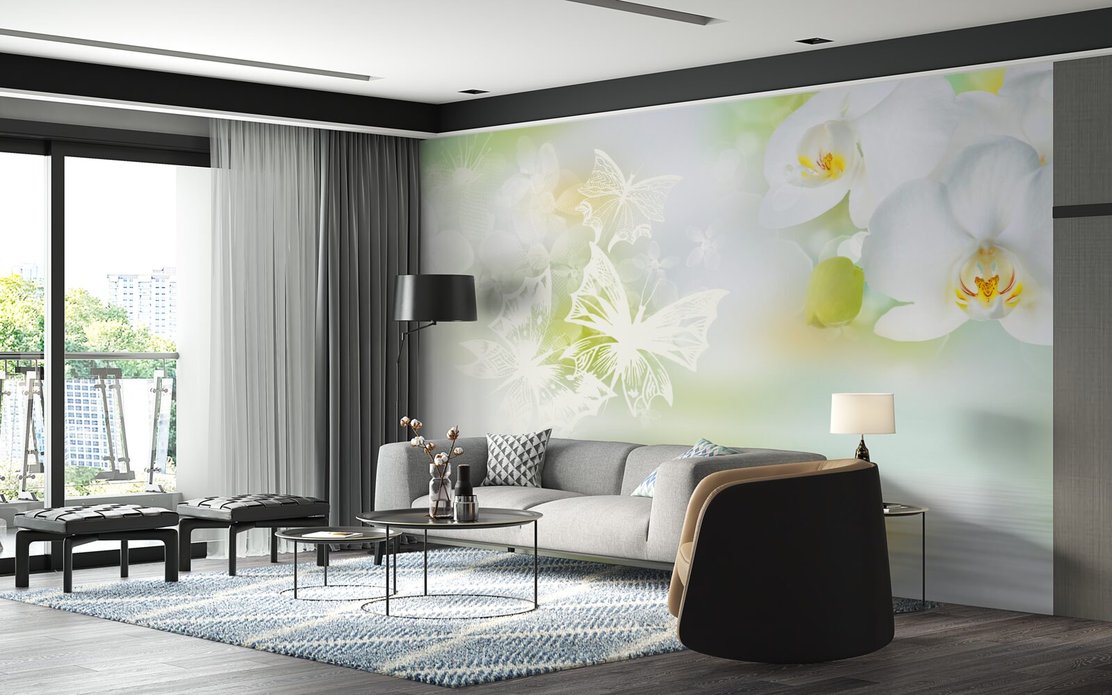 Papier peint Orchidées blanches comme neige se reflétant dans l'eau