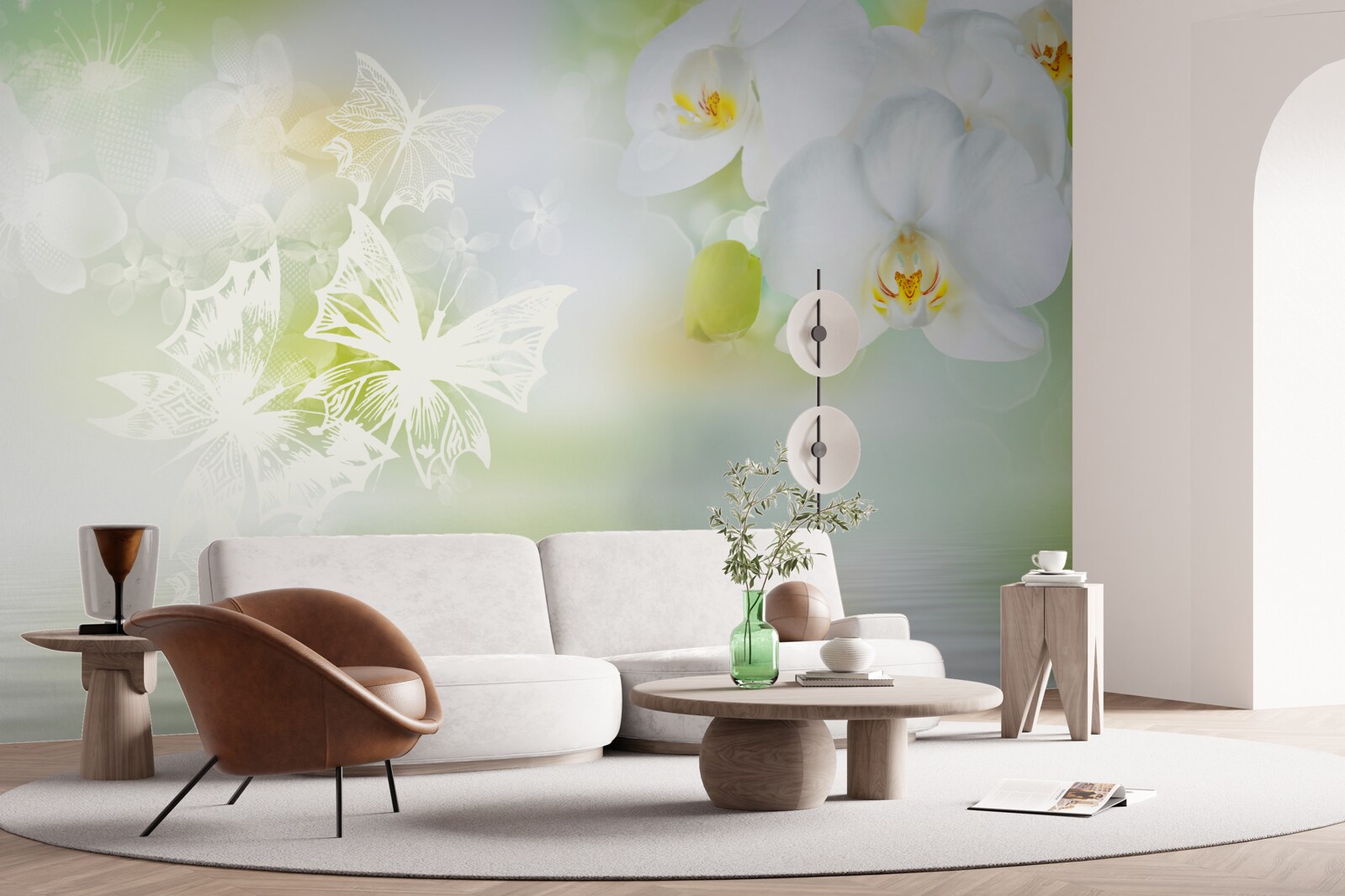 Papier peint Orchidées blanches comme neige se reflétant dans l'eau