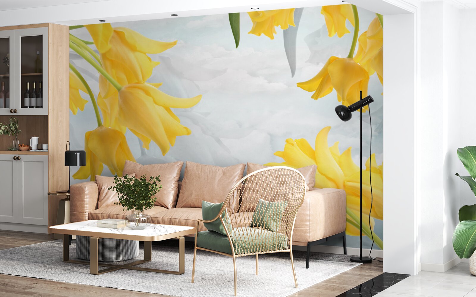 Papier peint Tulipes jaunes sur fond de ciel bleu