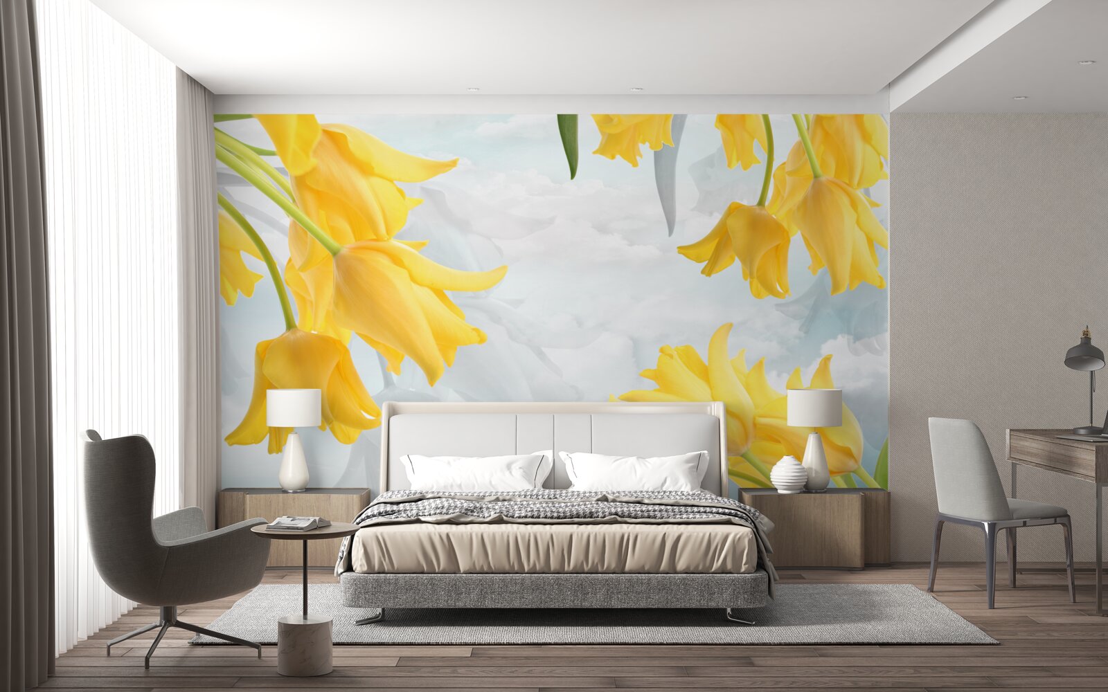 Papier peint Tulipes jaunes sur fond de ciel bleu