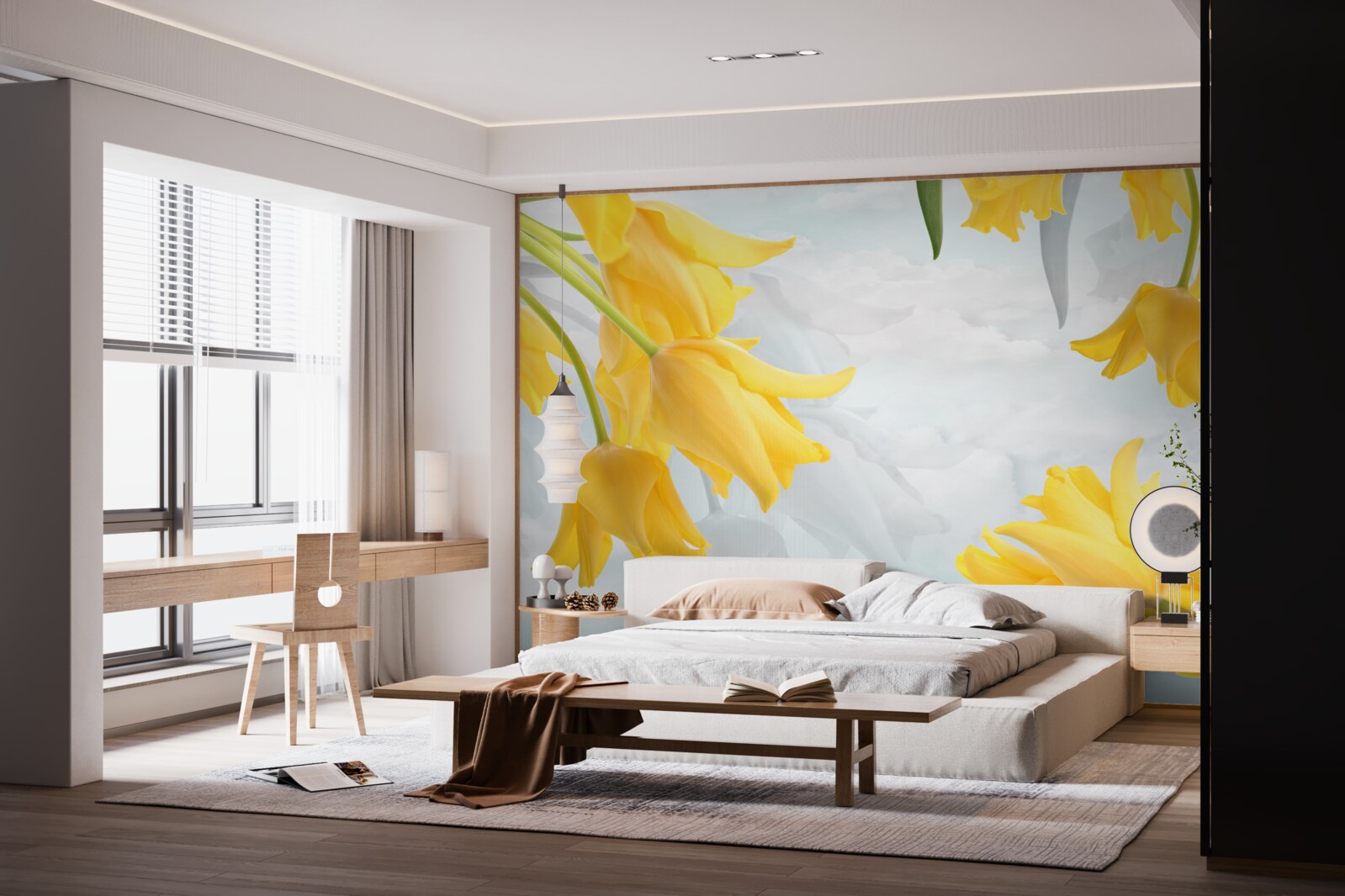 Papier peint Tulipes jaunes sur fond de ciel bleu