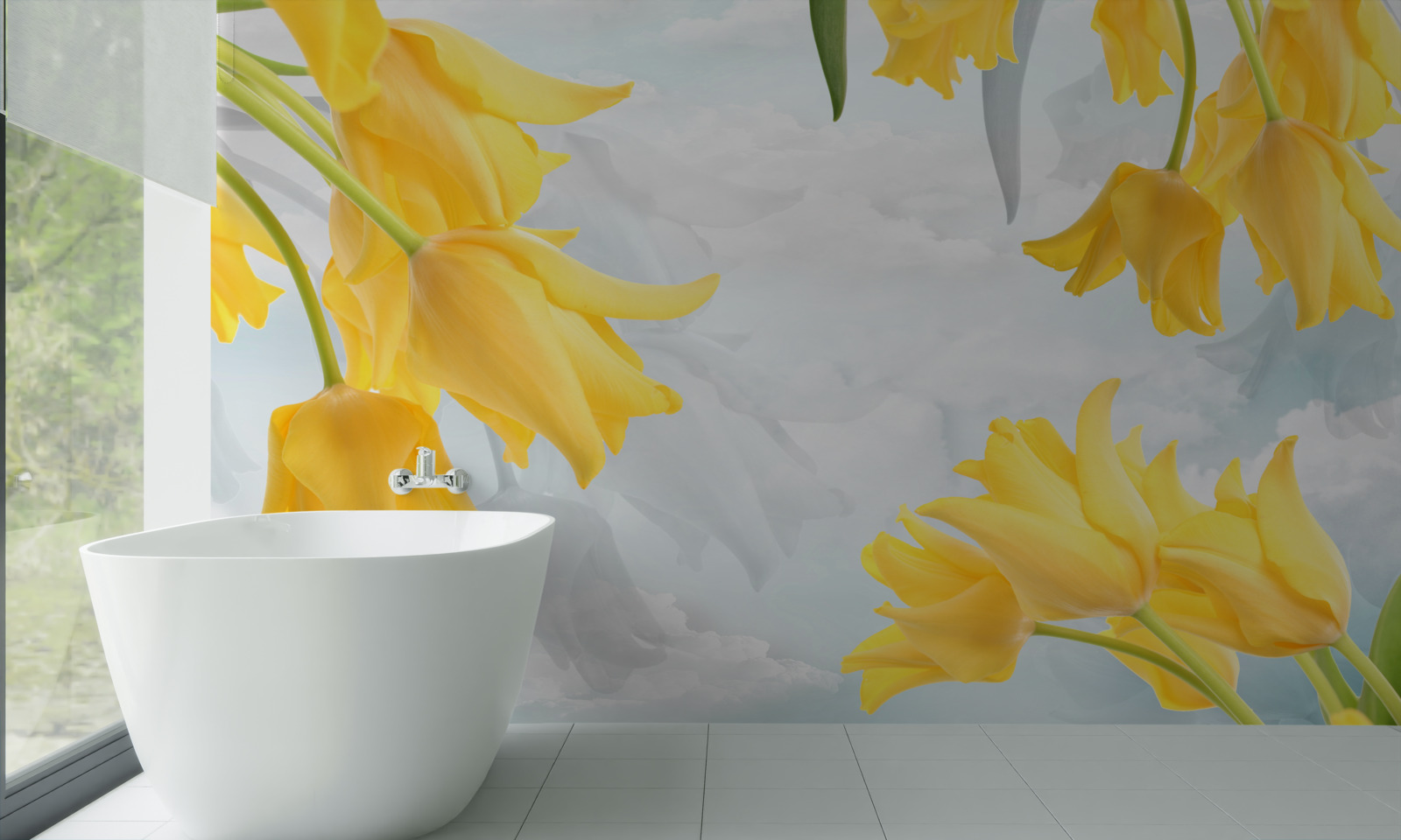 Papier peint Tulipes jaunes sur fond de ciel bleu