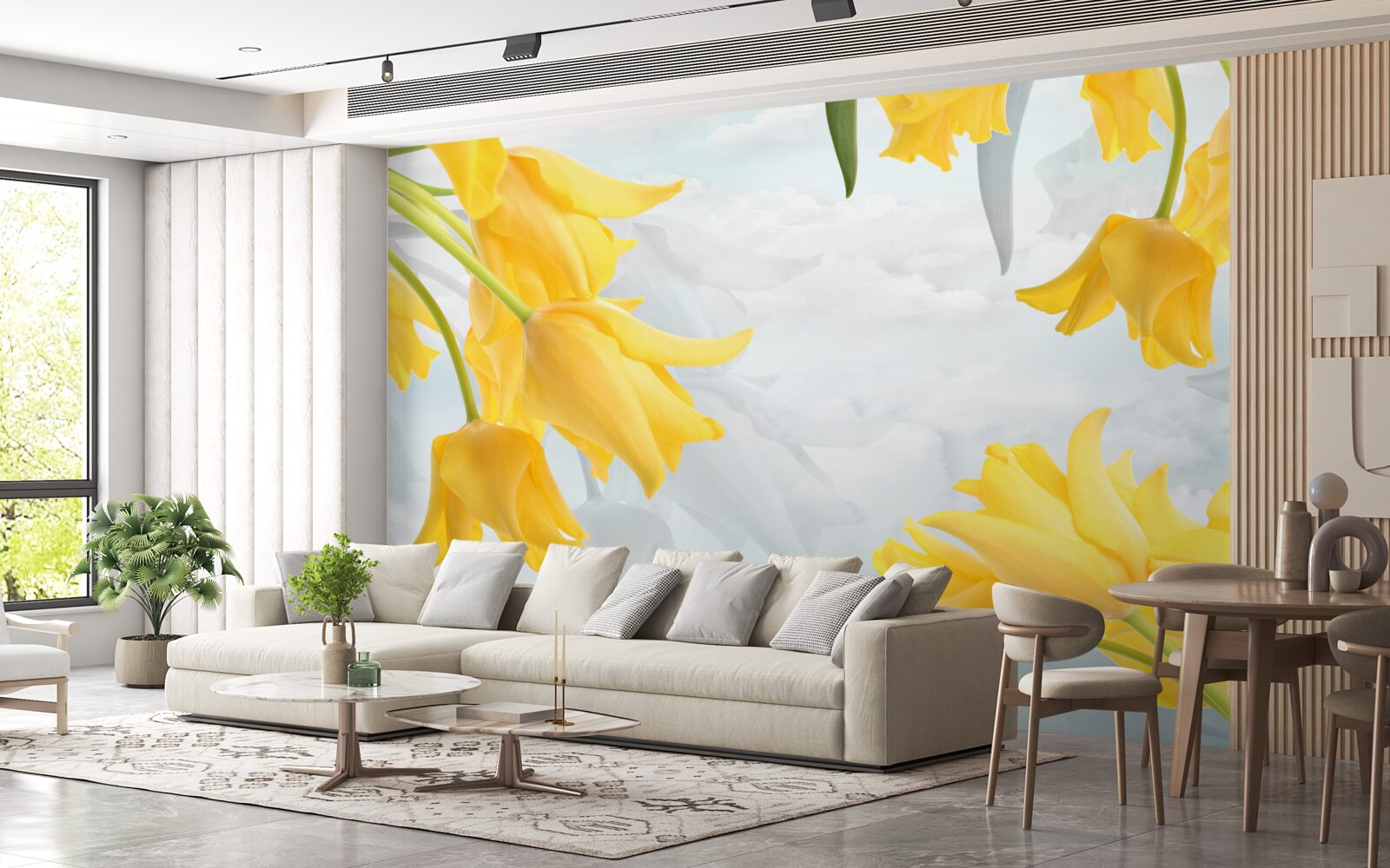 Papier peint Tulipes jaunes sur fond de ciel bleu