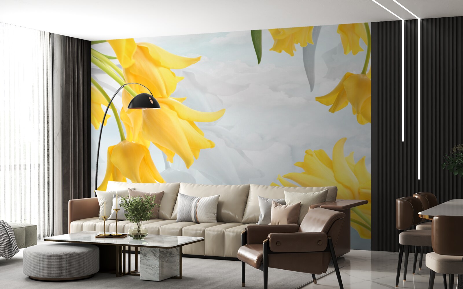 Papier peint Tulipes jaunes sur fond de ciel bleu