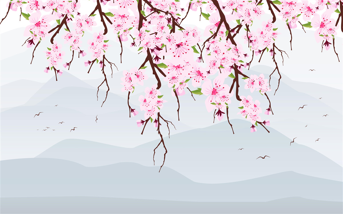 Papier peint sakura en fleurs devant un paysage de montagnes et d'eau
