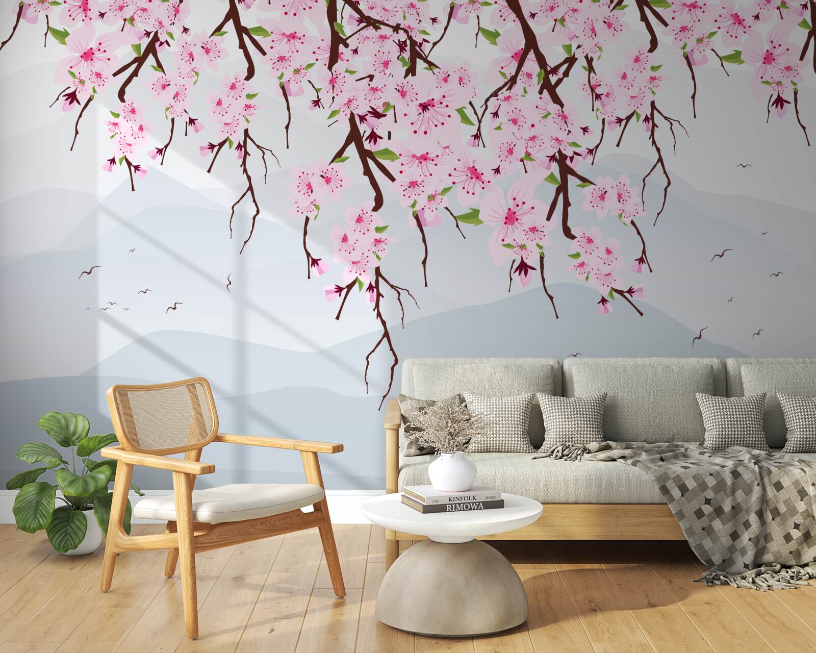 Papier peint sakura en fleurs devant un paysage de montagnes et d'eau