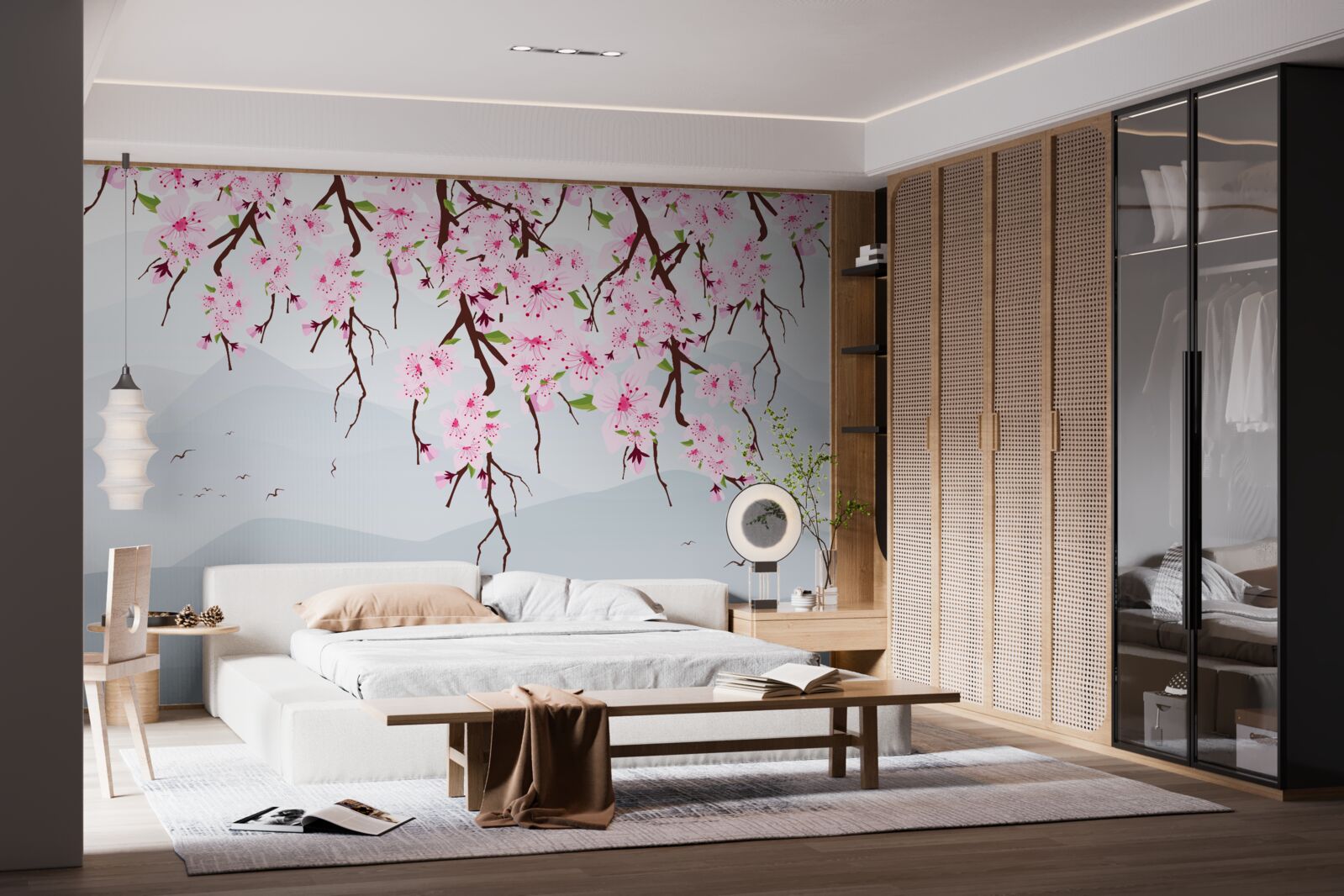 Papier peint sakura en fleurs devant un paysage de montagnes et d'eau