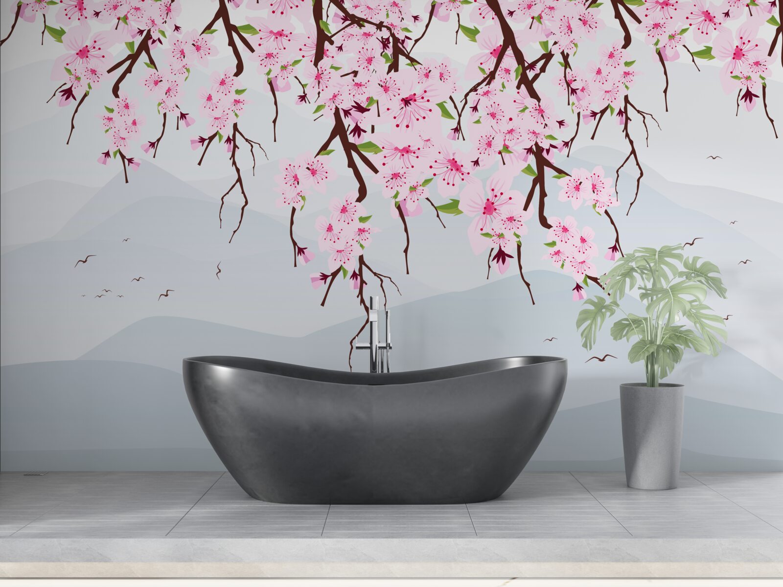 Papier peint sakura en fleurs devant un paysage de montagnes et d'eau