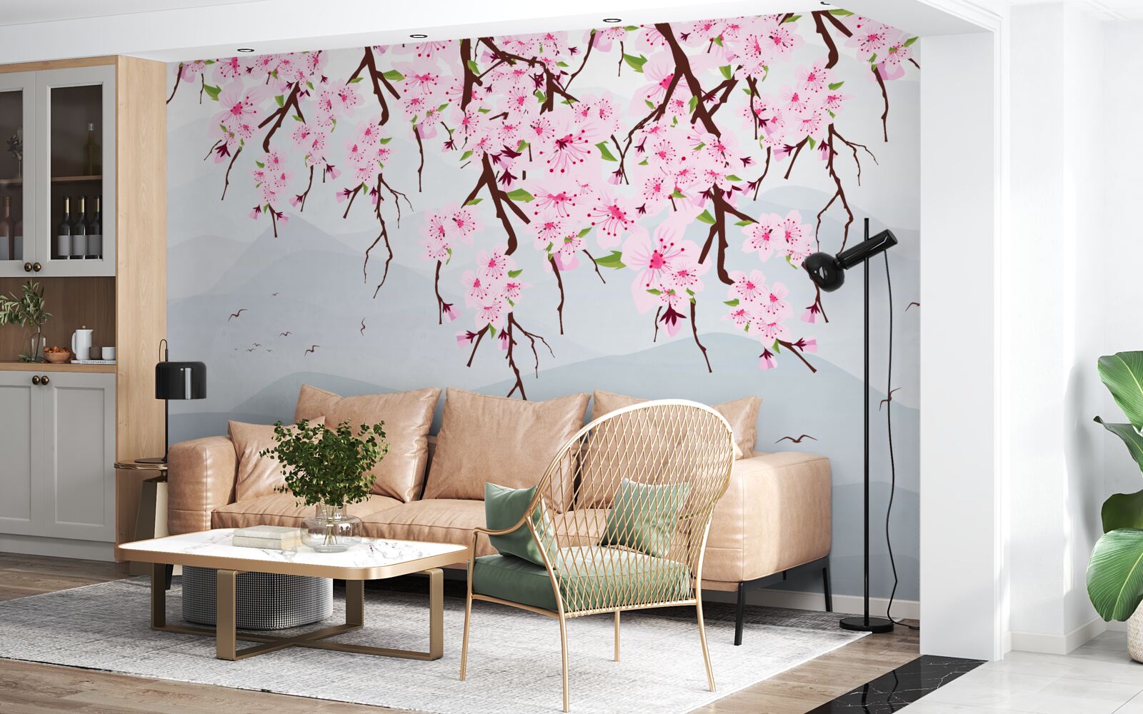 Papier peint sakura en fleurs devant un paysage de montagnes et d'eau