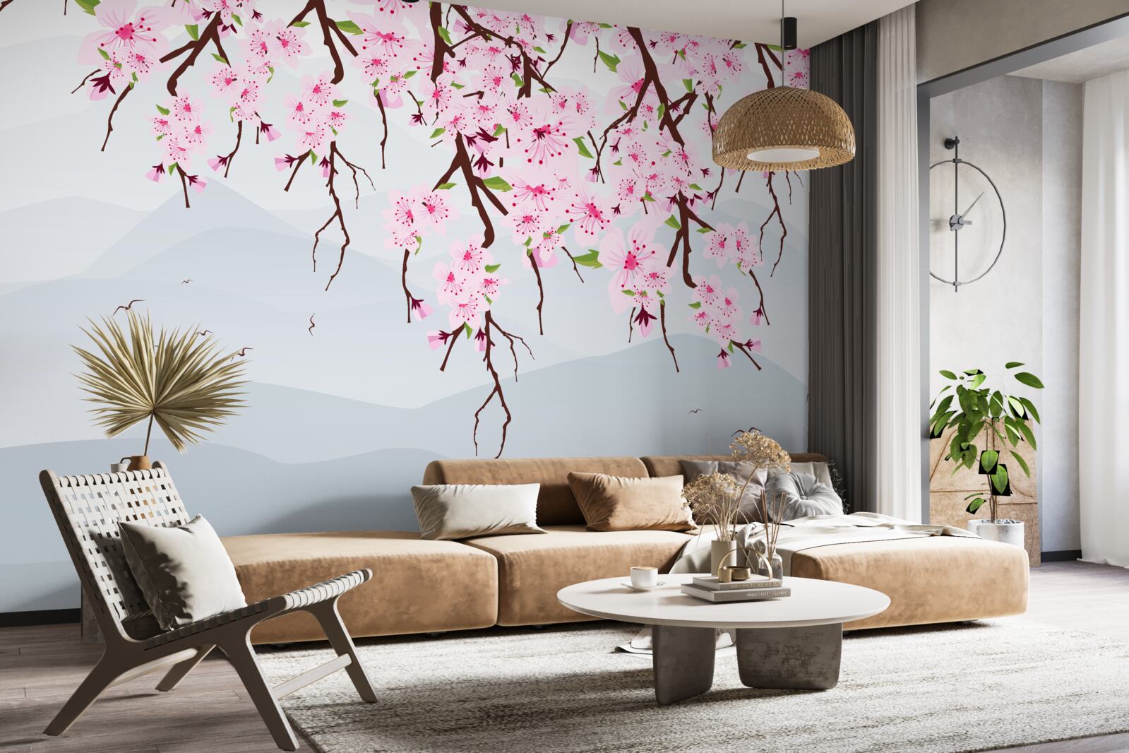 Papier peint sakura en fleurs devant un paysage de montagnes et d'eau