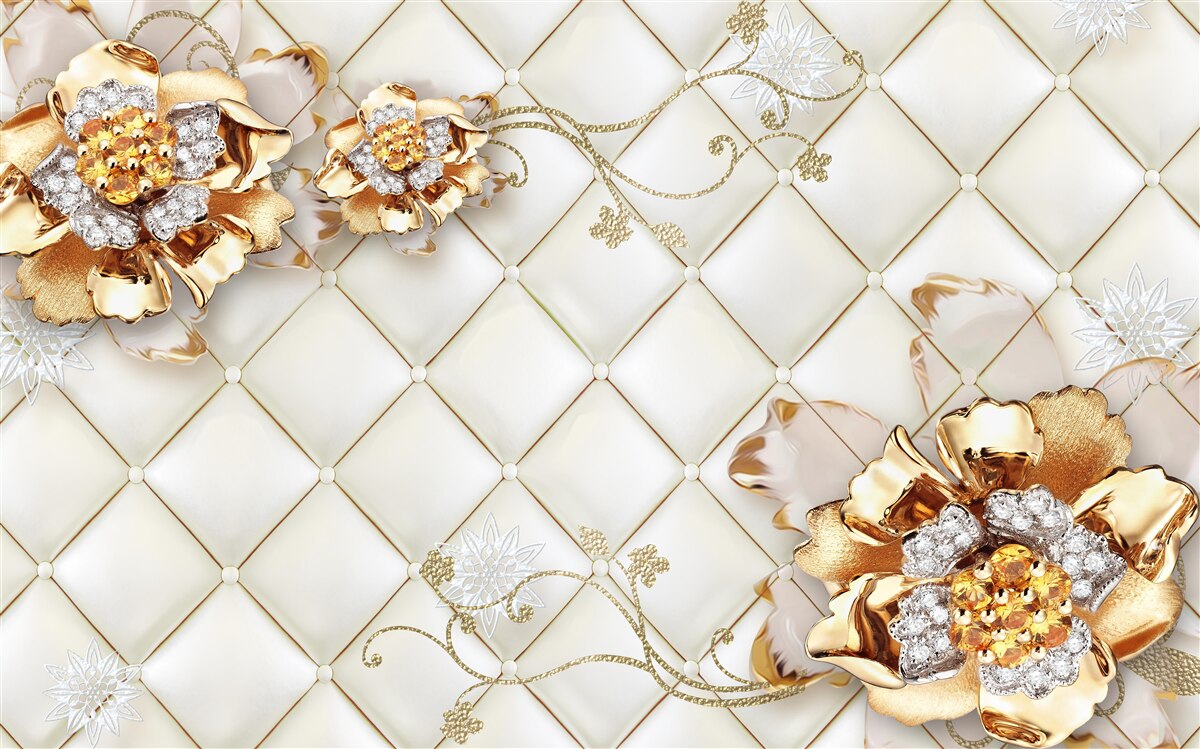 Papier peint boutons de fleurs avec perles, rappelant l'or