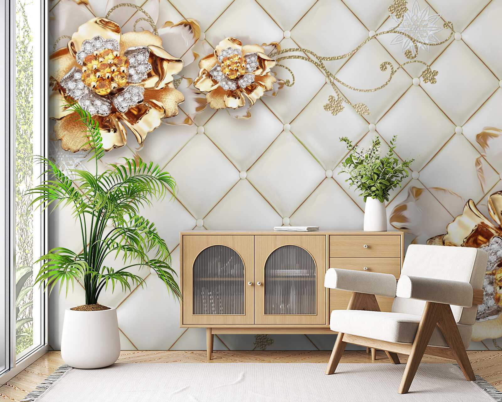 Papier peint boutons de fleurs avec perles, rappelant l'or