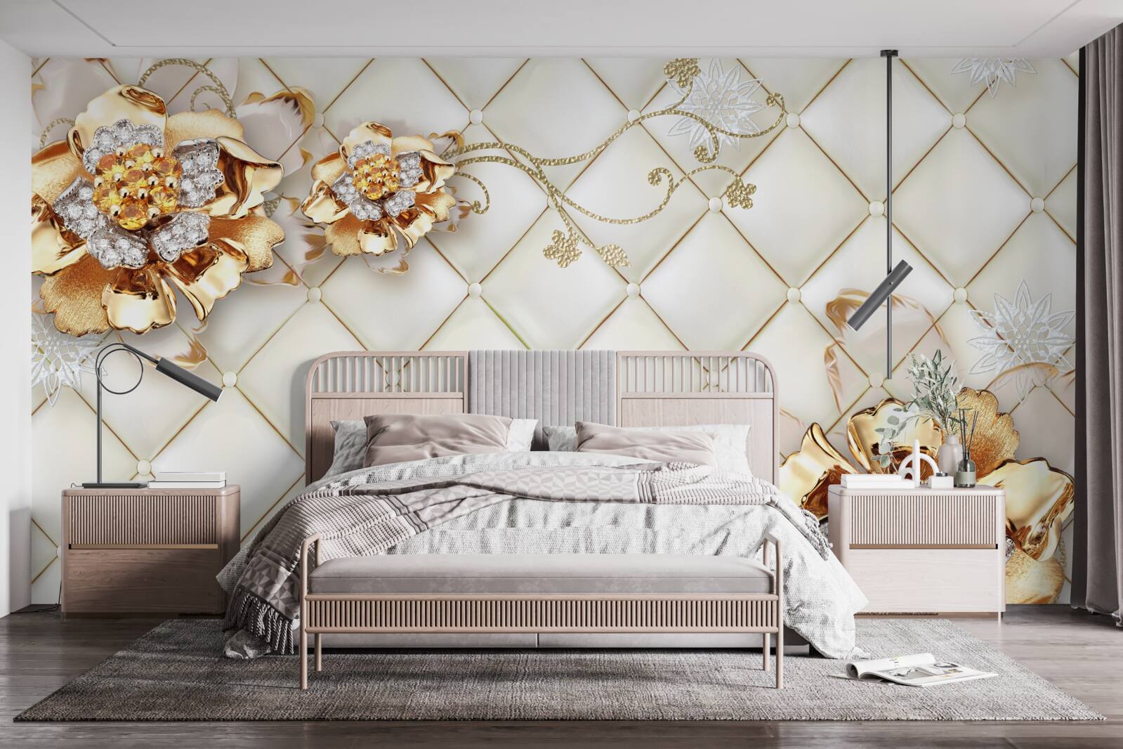 Papier peint boutons de fleurs avec perles, rappelant l'or