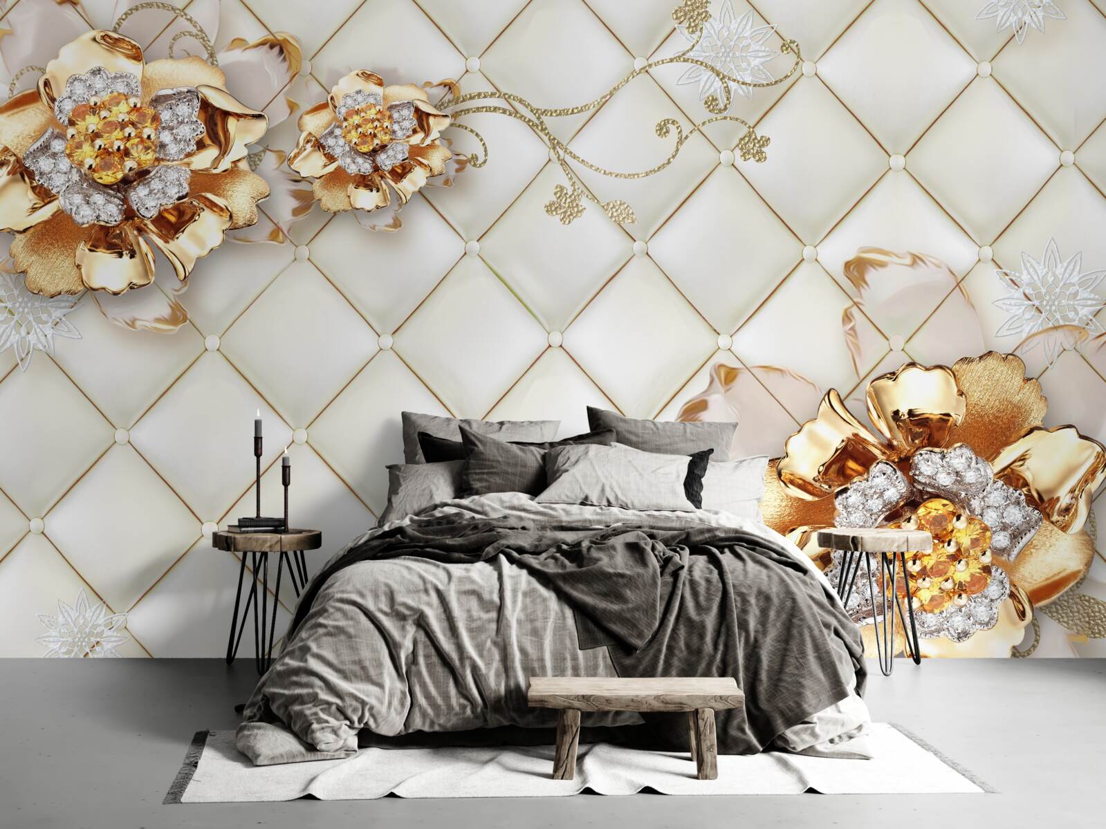 Papier peint boutons de fleurs avec perles, rappelant l'or