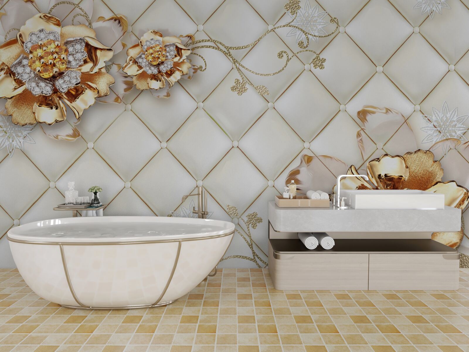 Papier peint boutons de fleurs avec perles, rappelant l'or