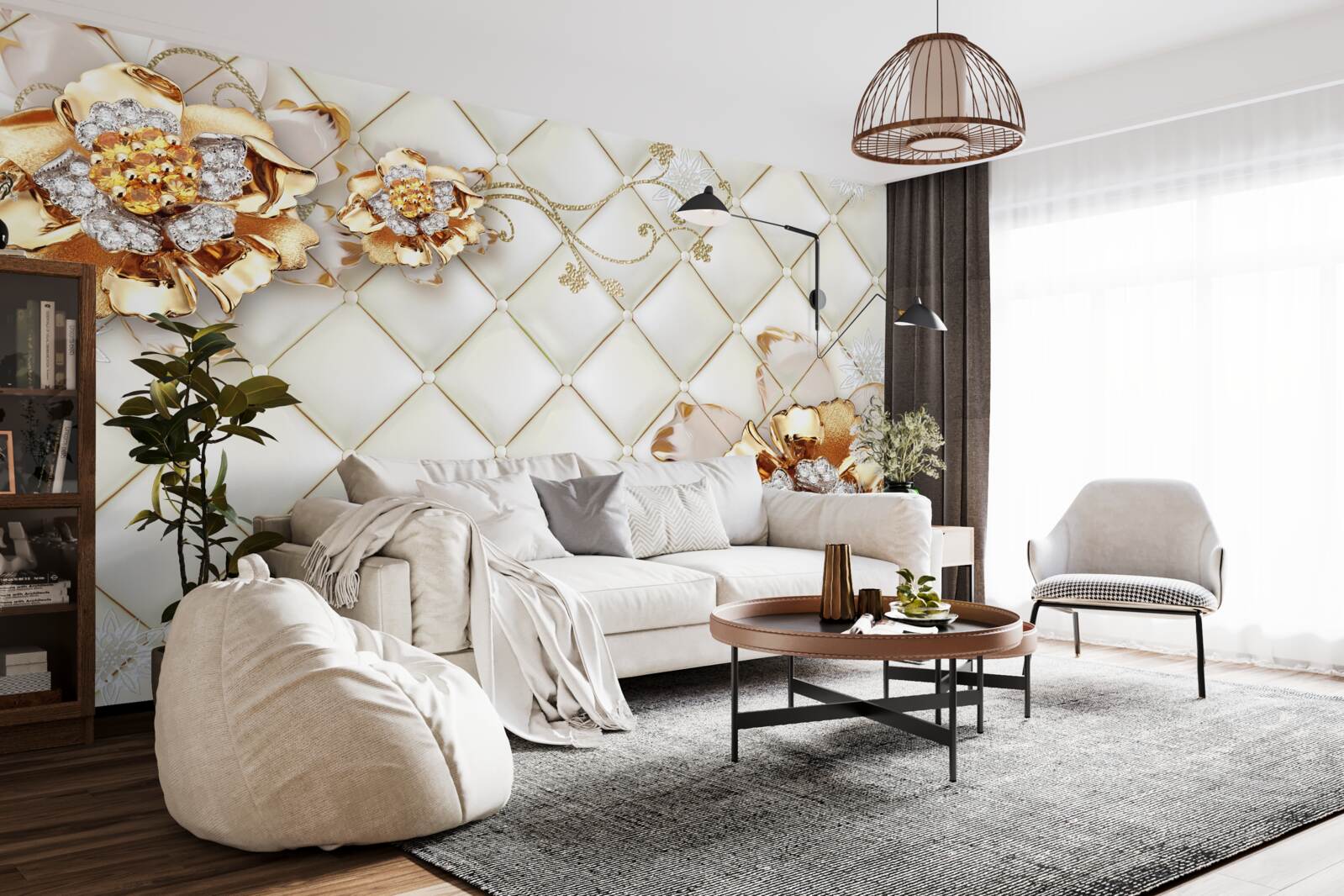 Papier peint boutons de fleurs avec perles, rappelant l'or